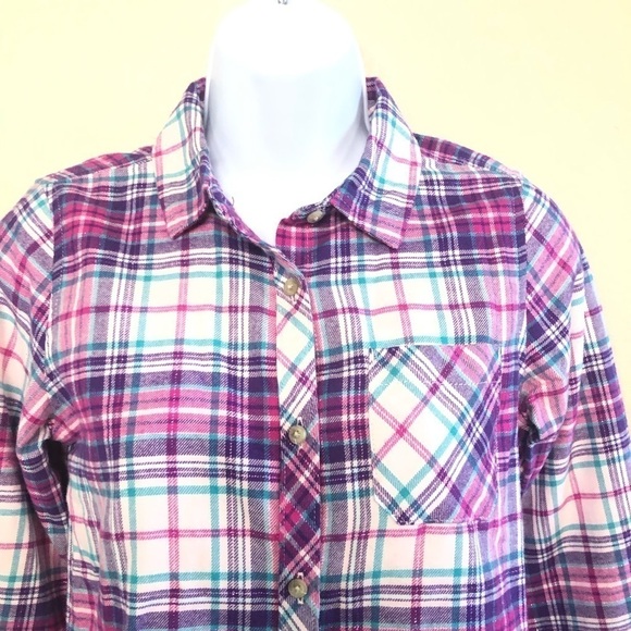 Land’s End Girls Button Down Flannel Shimmer Plaid Shirt Size L-14 - Picture 4 of 15